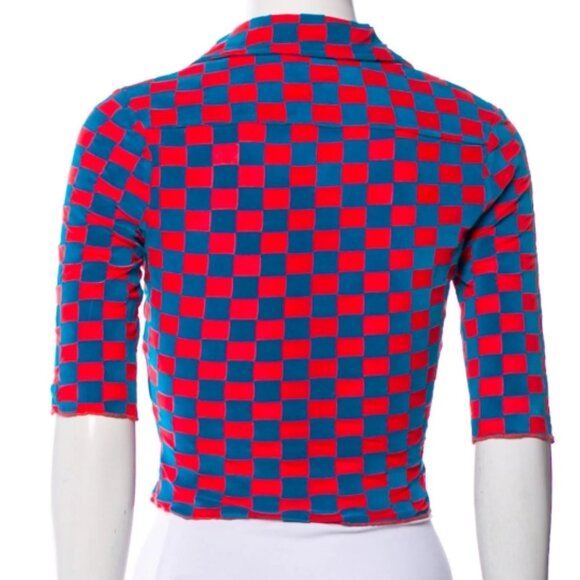 ROTATE Birger Christensen Miranda Red/Blue Mesh/Velvet Plaid CroppedShirt M $270 - Picture 5 of 14
